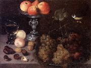 Georg Flegel Still life of grapes on a pewter dish,together with peaches,nuts,a glass roemer and a silver tazza containing apples and pears,and a blue-tit Spain oil painting artist